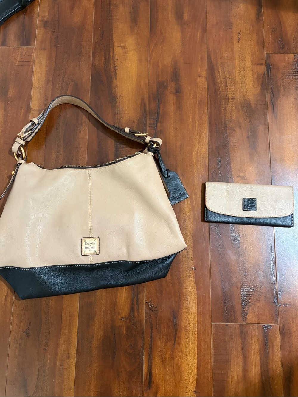 Dooney & Bourke Beige and Black Leather Shoulder Hobo with Matching Wallet